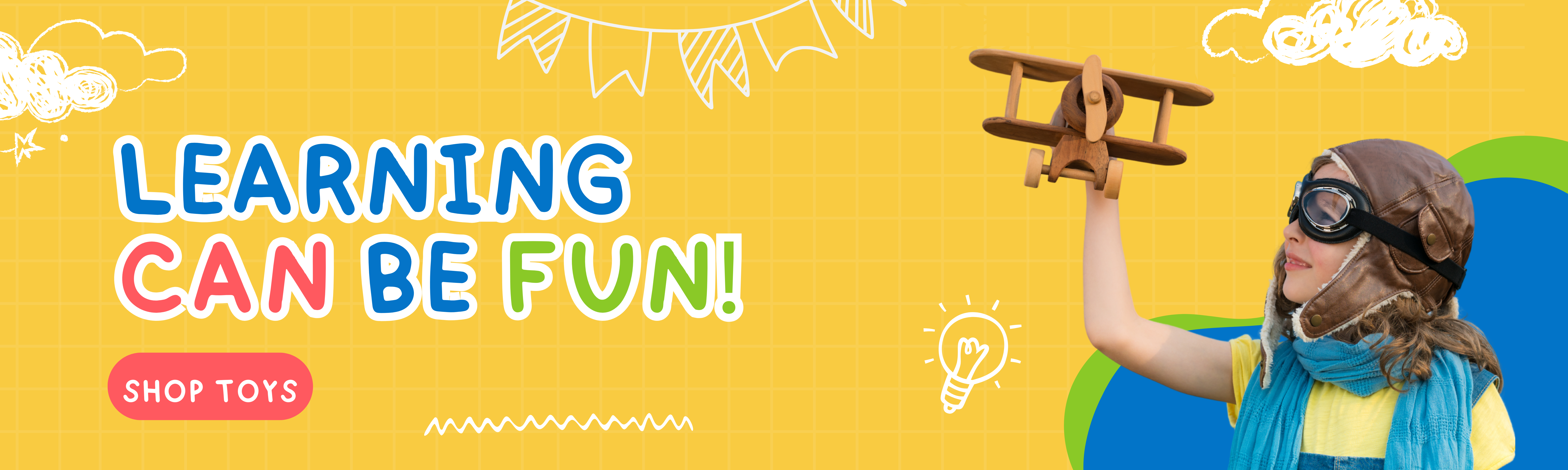 Child holding a toy airplane with 'Learning Can Be Fun!' text on a yellow background